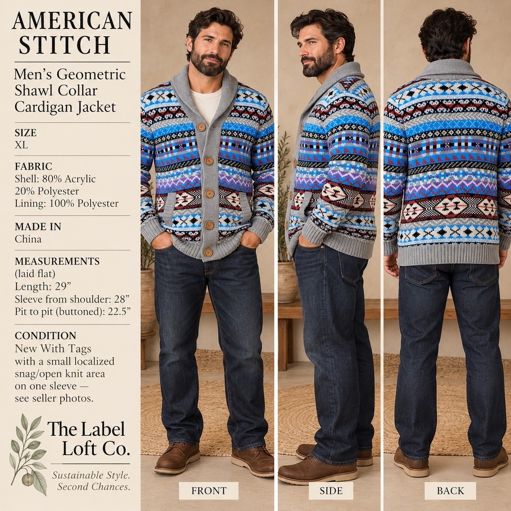 American Stitch Cardigan Jacket Mens XL Geometric Shawl Collar Lined NWT